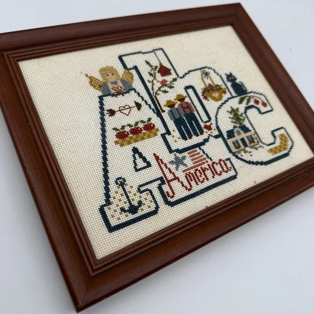 Vintage ABC America Framed Needlepoint Cross Stitch Country Decor 9